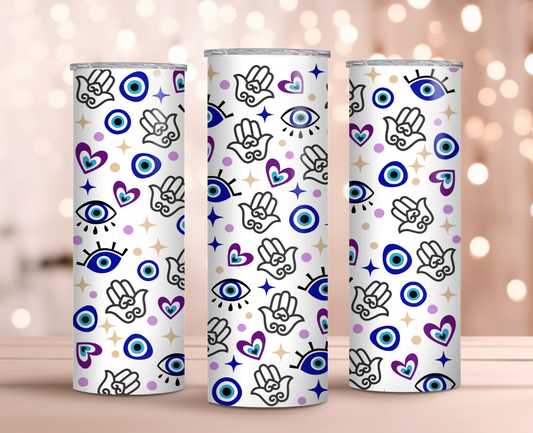 PURPLE HAMSA AND EVIL EYE TUMBLER