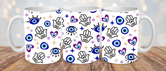 PURPLE HAMSA AND EVIL EYE MUG